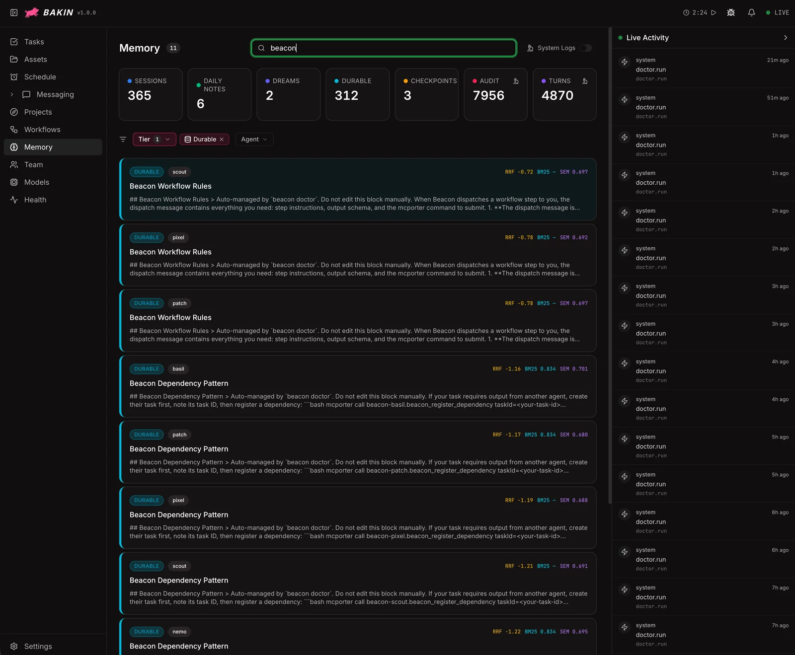 Screenshot of the Bakin memory inspector filtered to durable tier, searching for "beacon" and showing dozens of matching entries across scout, pixel, patch, basil, and nemo agents